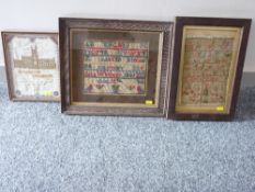 Three samplers, one dated 1881 by Ada Whiteley another by Eliza Peate aged 12 and one depicting