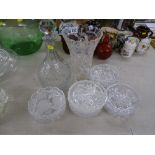 Quantity of cut glass dishes, a vase and a mallet form decanter with stopper