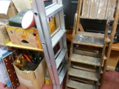 Formica topped table, Beldray three way metal ladder, two wooden stepladders, Black & Decker