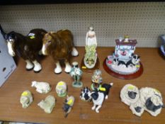 Two shire horse pottery ornaments and a quantity of sheep, farmer, sheepdog and other ornamental