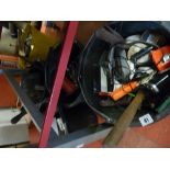 Five plastic buckets containing various garage items, tools, fixings etc (under the tables)