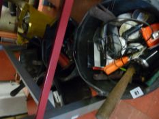 Five plastic buckets containing various garage items, tools, fixings etc (under the tables)