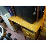 Mid Century desk with side flap, a square topped table and a parcel of luggage