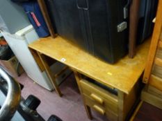Mid Century desk with side flap, a square topped table and a parcel of luggage