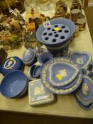 Large parcel of light and dark blue Wedgwood Jasperware