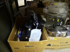 Two boxes of mixed household items including kitchen pans, briefcases etc E/T