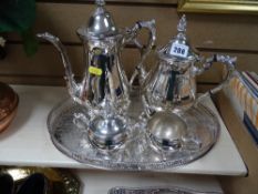 Four piece electroplate tea service and a similar galleried tray