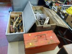 Wooden box of vintage hand tools, a smaller wooden box with tools and a metal cantilever toolbox