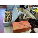 Wooden box of vintage hand tools, a smaller wooden box with tools and a metal cantilever toolbox