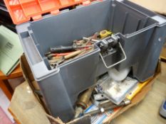 Box containing garage items and a box stepstool containing various hand tools