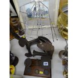 Set of vintage postal scales, two iron shoe lastes and two modern chrome plate stands