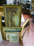 Parcel of paintings, prints, bevelled overmantel mirror etc