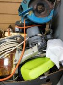Box containing a Black & Decker 7 1/4 ins circular saw, two electrical sanders, small Sakura battery