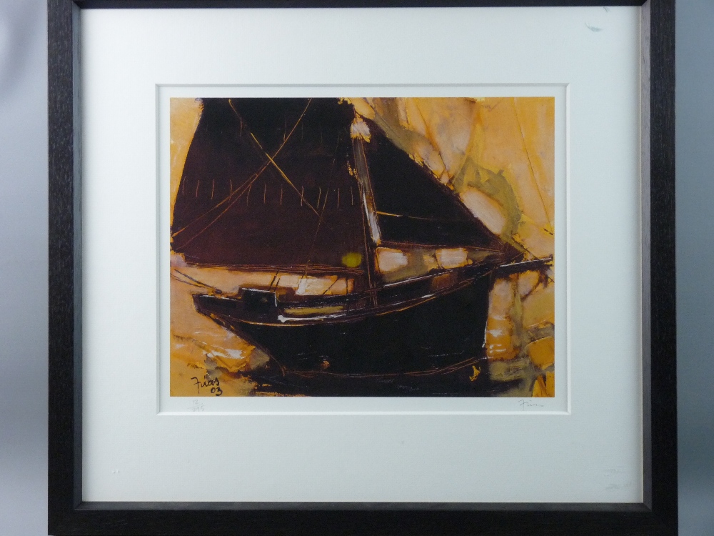 Limited edition (12/295) coloured print - a yacht, indistinctly signed, 32 x 41 cms