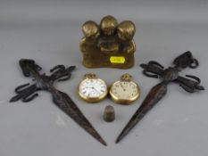 Mixed group of collectables including two yellow metal pocket watches, a Dorcas thimble etc