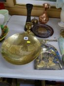 Two Japanese gilt decorated metal crumb scoops, vintage desk bell, two Eastern trays and a brass