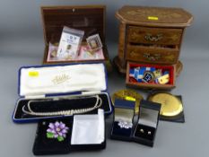 Quantity of vintage costume jewellery, two modern jewellery boxes and two vintage compacts