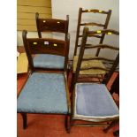 Pair of mahogany dining chairs and two non-matching ladderback bedroom chairs