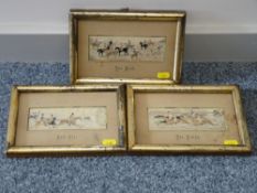 Trio of framed hunting scene silks - 'The Finish', 'The Full Cry' and 'The Meet', all 12 x 19 cms