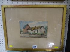 J ASHTON 1819 watercolour - lady on a lane by farm buildings, 13 x 20 cms