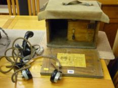 World War II military communications device in a wooden box labelled 'AD599 Telephone, Portable