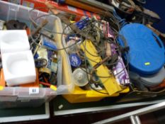 Two plastic containers and two boxes of various garage items including hand tools, drill bits, cased