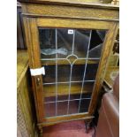 Small polished wood leaded glass single door display cabinet with three interior shelves