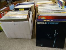 Four boxes of vintage LP records, European and Latin bands, Louis Armstrong, Sammy Davis Jnr, Dean