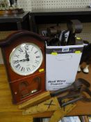 Collection of vintage sheep shearing scissors and a reproduction wall clock