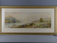 T SEYMOUR watercolour - Highland lake scene with yachts and fishermen with boat on the shore, 26 x