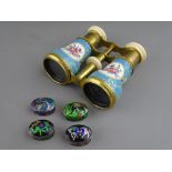 Pair of French enamelled opera glasses (some damage) and four modern silver and enamel pill boxes