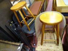 Parcel of four modern CD towers, office chair, loom style chair and a pair of wooden stools