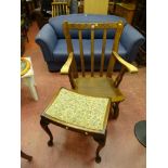 Oak elbow chair with base stretcher and a curved top stool