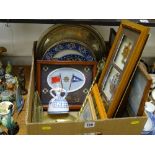 Box of mixed items, prints, wall hanging plates, electroplate, brassware etc