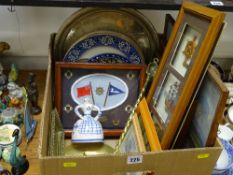 Box of mixed items, prints, wall hanging plates, electroplate, brassware etc