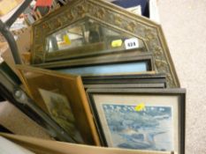 Vintage brass framed mirror and a quantity of pictures and prints