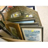 Vintage brass framed mirror and a quantity of pictures and prints