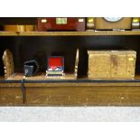 Old wooden box, carved bookshelf, vintage Kodak camera etc