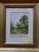 EDWARD LAIT watercolour - thatched cottage with figure on path, 17 x 12 cms