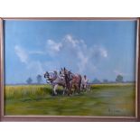 RHYS JENKINS oil on canvas - ploughing scene with farmer, old fashioned plough and two horses,