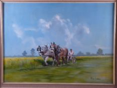 RHYS JENKINS oil on canvas - ploughing scene with farmer, old fashioned plough and two horses,