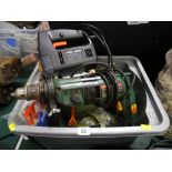 Tub of bench grinder, Black & Decker jigsaw, Bosch drill etc E/T