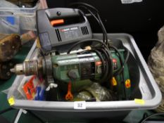 Tub of bench grinder, Black & Decker jigsaw, Bosch drill etc E/T