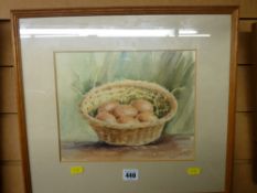 HEATHER CRAIGMILE watercolour - study of eggs in a basket, signed and dated 1974, 21 x 26 cms