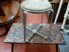 Mid Century coffee table with colourful formica top and a chrome and aluminium stool