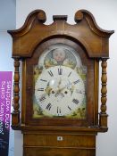 19th Century oak and mahogany longcase clock with painted arched moon phase dial and bell strike