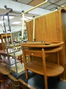 Teak single drawer trolley, modern light wood three tier trolley and two overbed tables