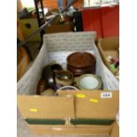 Box of vintage stoneware, oak biscuit barrel etc