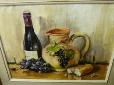 HEATHER CRAIGMILE oil on board - still life study of bread and grapes before a jug and bottle of