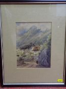 Watercolour of Alpine chalets with mountain backdrop and figure in foreground, unsigned, 22 x 16